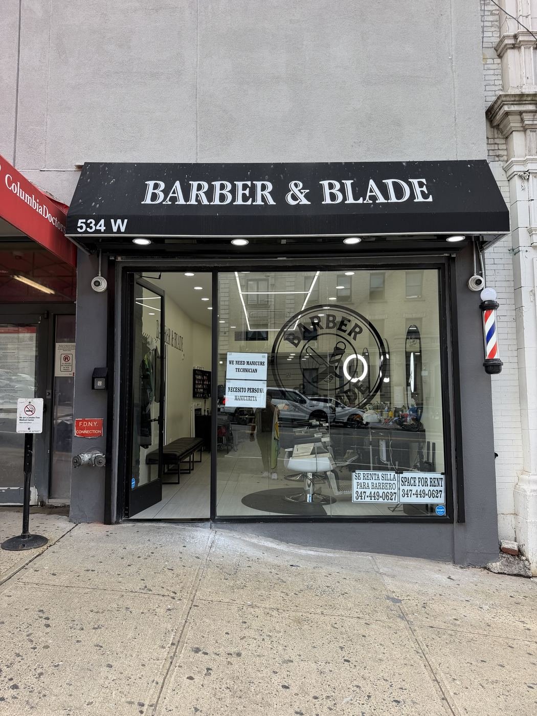 Barber & Blade shop front next to ColumbiaDoctors on W 135th St